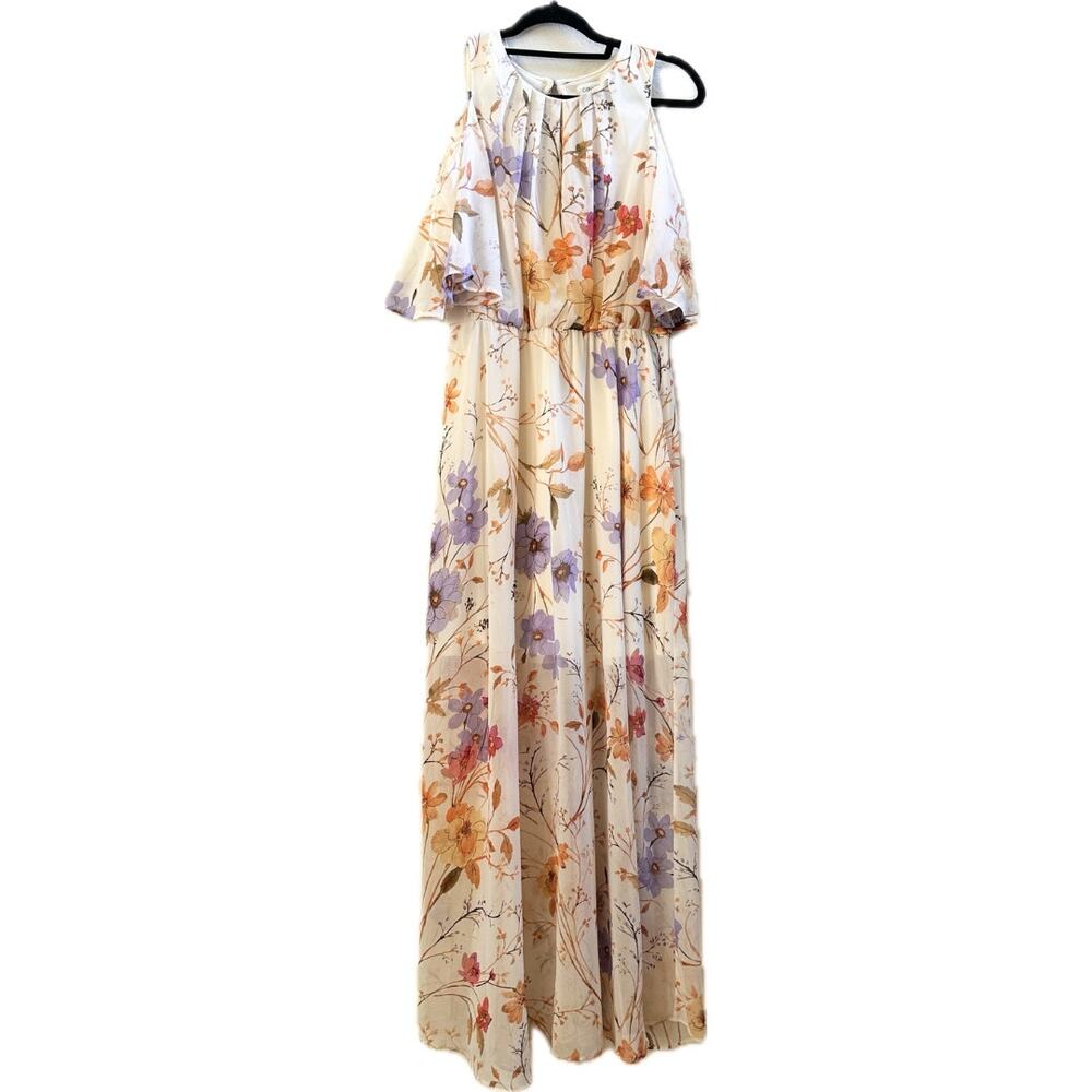 Calvin Klein Floral Chiffon Cold Shoulder Maxi Dress Size 10